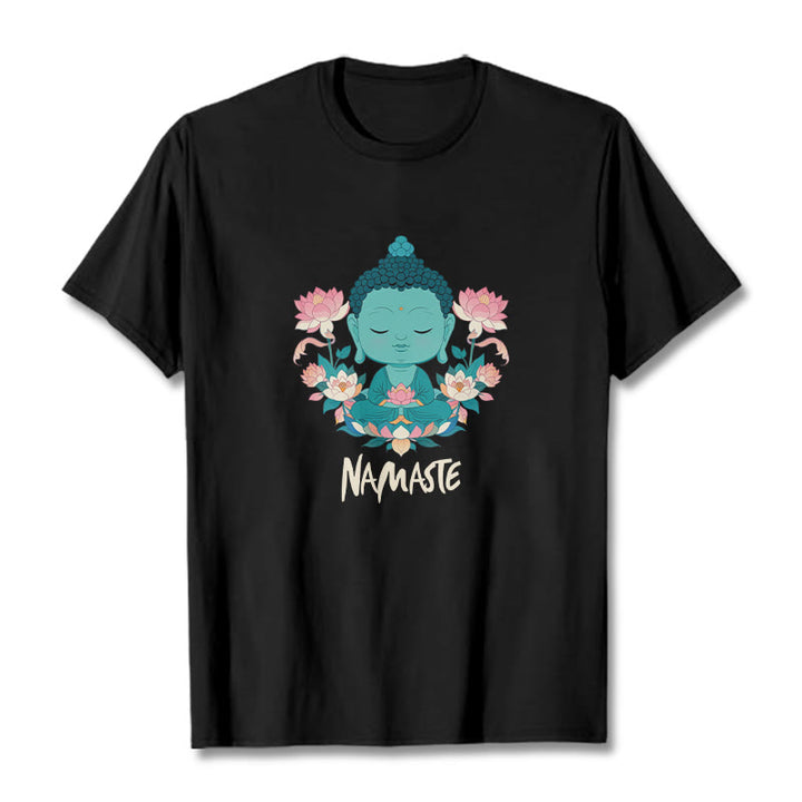 Buddha Stones NAMASTE Buddha Lotus Meditation Tee T-shirt - Black - Beige NAMASTE - 2XL - image 25
