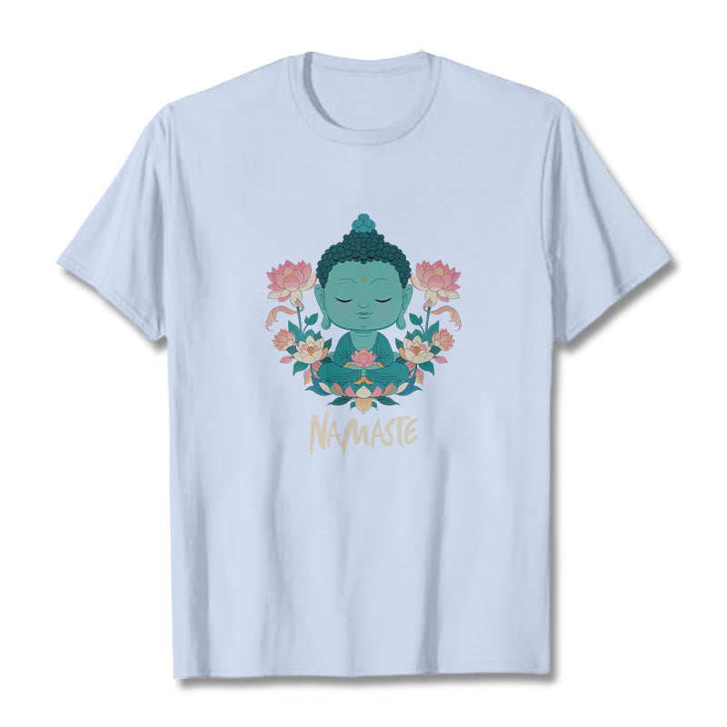 Buddha Stones NAMASTE Buddha Lotus Meditation Tee T-shirt - LightCyan - Beige NAMASTE - 2XL - image 37