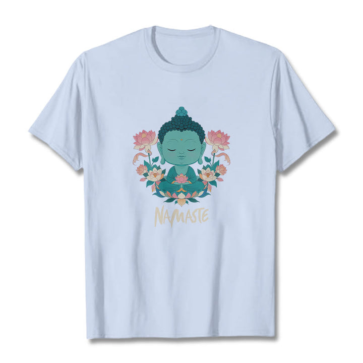 Buddha Stones NAMASTE Buddha Lotus Meditation Tee T-shirt - LightCyan - Beige NAMASTE - 2XL - image 37