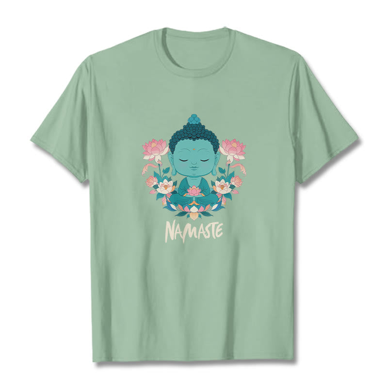 Buddha Stones NAMASTE Buddha Lotus Meditation Tee T-shirt - PaleGreen - Beige NAMASTE - 2XL - image 33