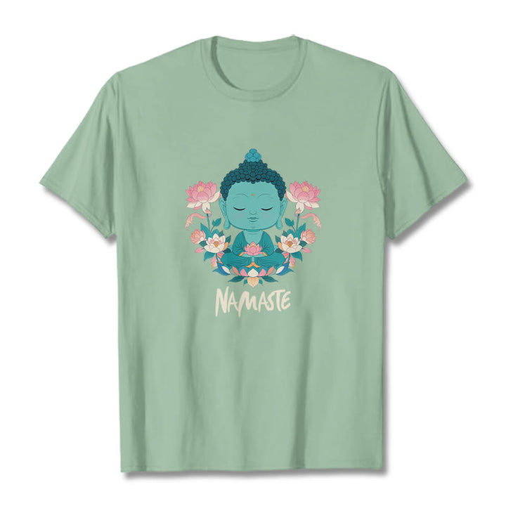 Buddha Stones NAMASTE Buddha Lotus Meditation Tee T-shirt - PaleGreen - Beige NAMASTE - 2XL - image 33