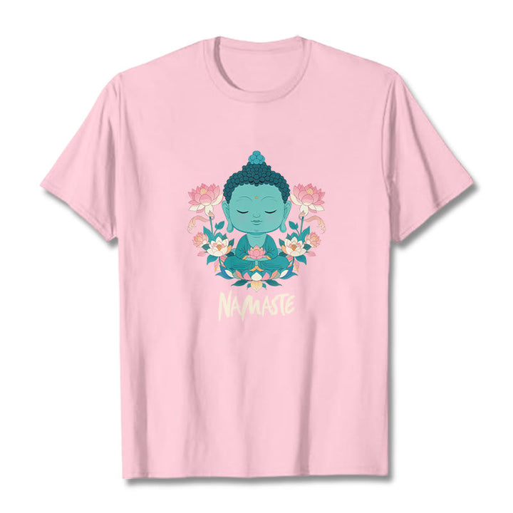 Buddha Stones NAMASTE Buddha Lotus Meditation Tee T-shirt - LightPink - Beige NAMASTE - 2XL - image 20