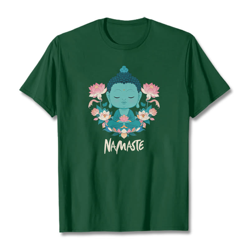 Buddha Stones NAMASTE Buddha Lotus Meditation Tee T-shirt - ForestGreen - Beige NAMASTE - 2XL - image 31