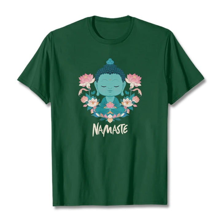 Buddha Stones NAMASTE Buddha Lotus Meditation Tee T-shirt - ForestGreen - Beige NAMASTE - 2XL - image 31