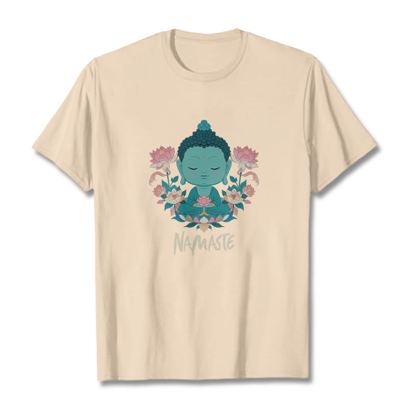 Buddha Stones NAMASTE Buddha Lotus Meditation Tee T-shirt - Bisque - Beige NAMASTE - 2XL - image 29