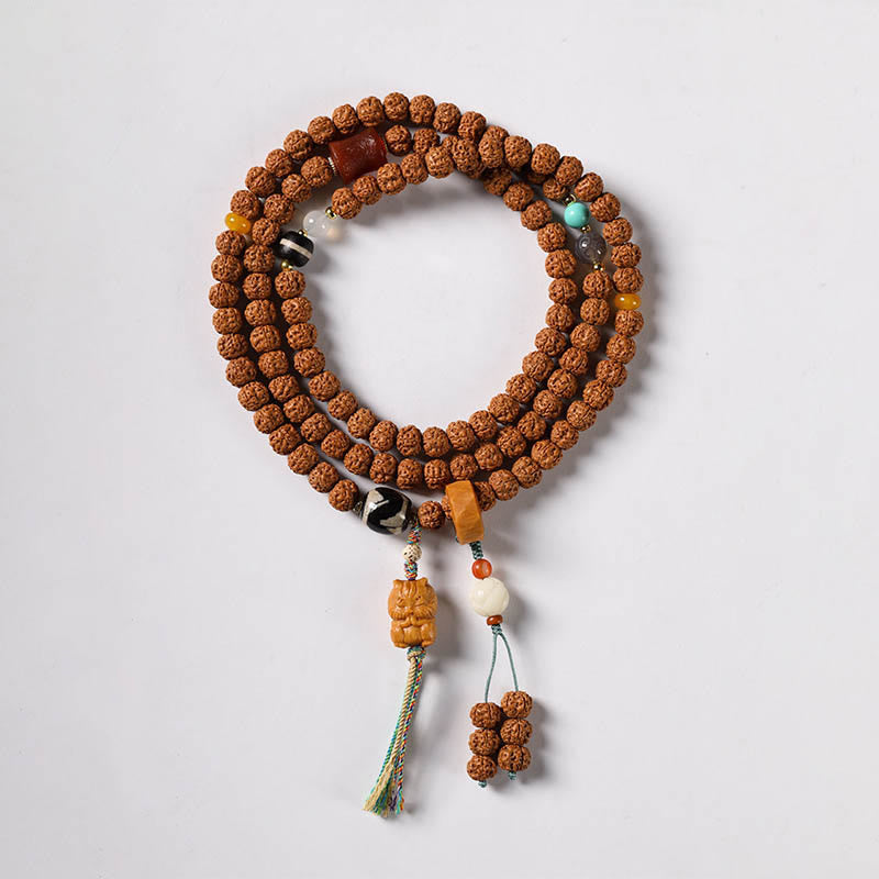 Buddha Stones Bodhi Seed Three-eyed Dzi Bead Buddha Hand Charm Wealth Bracelet