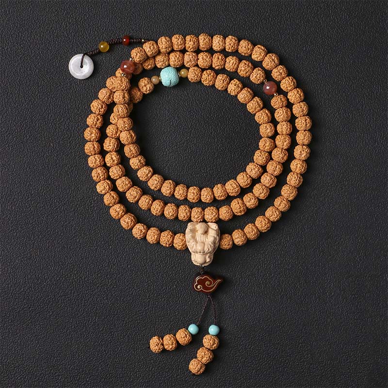 Buddha Stones Bodhi Seed Three-eyed Dzi Bead Buddha Hand Charm Wealth Bracelet