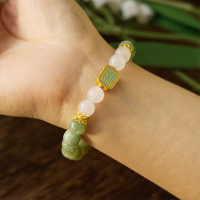 Buddha Stones Natural Green Jade White Agate Five Scriptures Abundance Bracelet