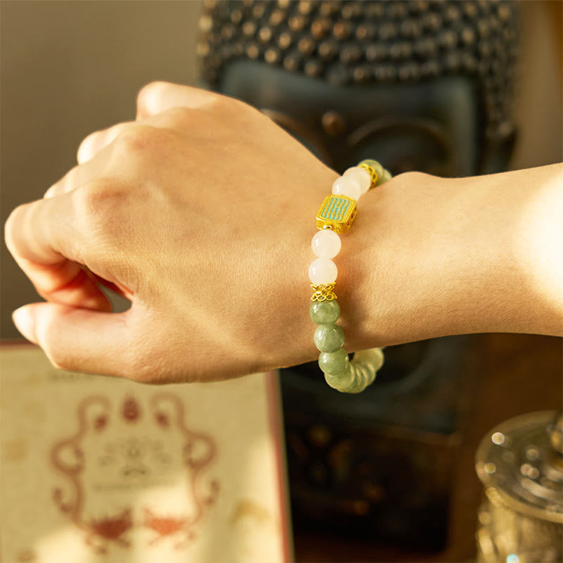 Buddha Stones Natural Green Jade White Agate Five Scriptures Abundance Bracelet