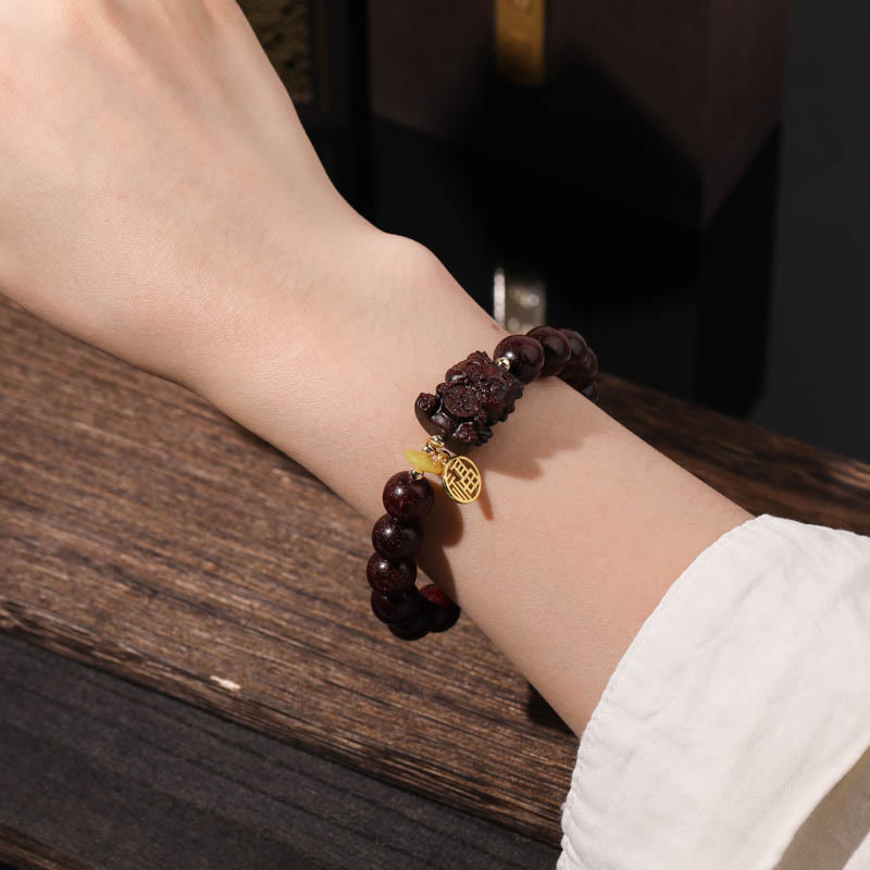 Buddha Stones Small Leaf Red Sandalwood Gold Swallowing Beast Calm Bracelet