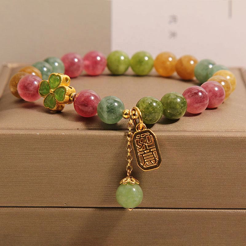 Buddha Stones Tourmaline Jade Colorful Four-leaf Clover Positive Bracelet