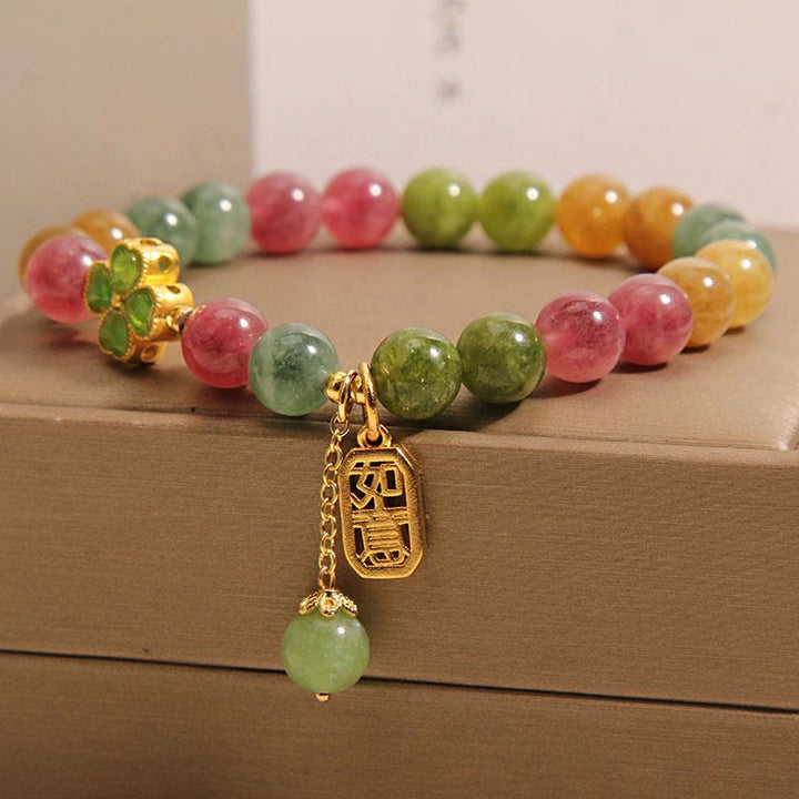 Buddha Stones Tourmaline Jade Colorful Four-leaf Clover Positive Bracelet