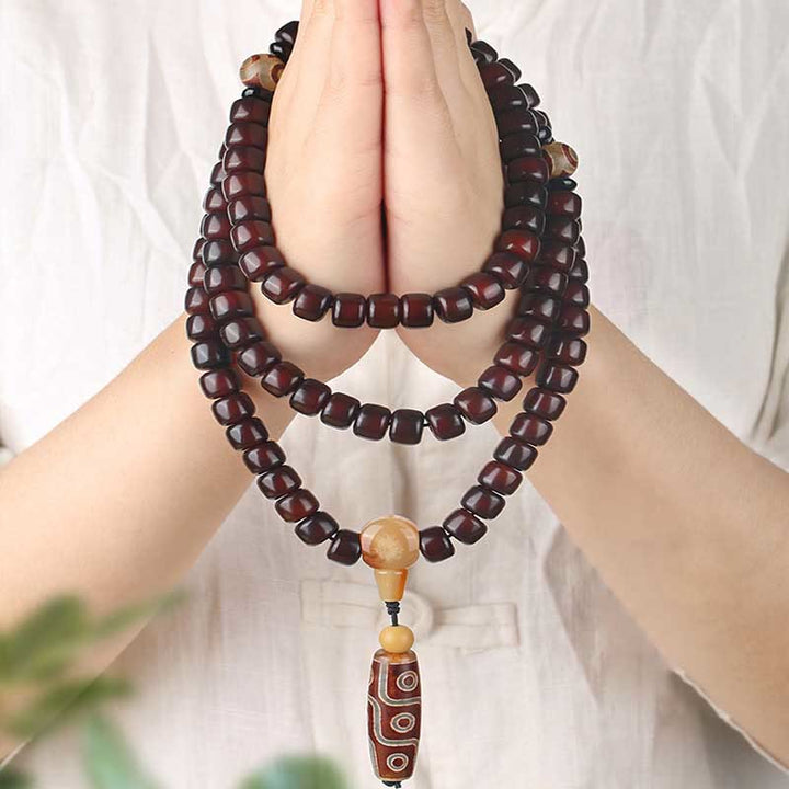 Buddha Stones 108 Mala Beads Three-eyed Dzi Bead Nine-eye Dzi Bead Jade Luck Bracelet