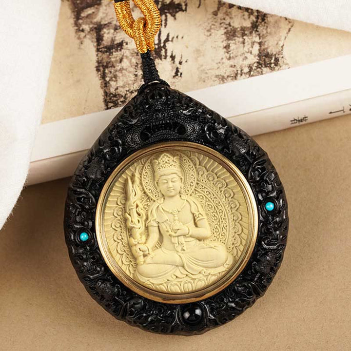 Buddha Stones Chinese Zodiac Natal Buddha Small Leaf Red Sandalwood Ebony Longevity Necklace Pendant