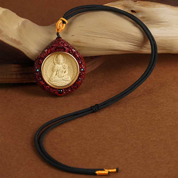 Buddha Stones Chinese Zodiac Natal Buddha Small Leaf Red Sandalwood Ebony Longevity Necklace Pendant