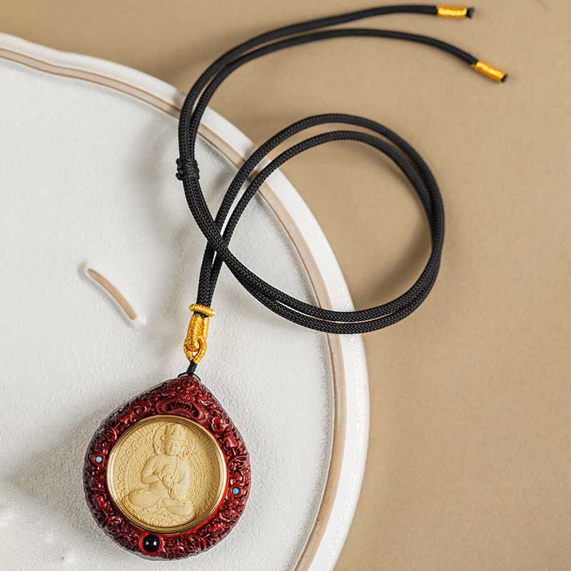 Buddha Stones Chinese Zodiac Natal Buddha Small Leaf Red Sandalwood Ebony Longevity Necklace Pendant