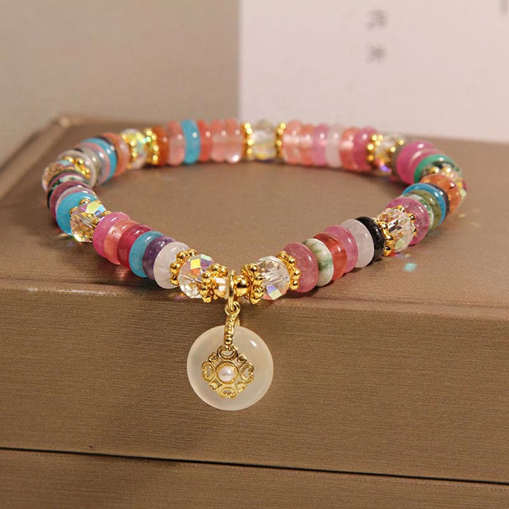 Buddha Stones Various Crystal Strawberry Quartz Peace Buckle Auspicious Bracelet