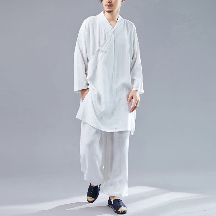 Buddha Stones 2Pcs V-Neck Men's Long Sleeve Shirt Top Pants Meditation Zen Tai Chi Cotton Linen Clothing Set - White - US/UK/AU42，EU52 (XL)  - image 0