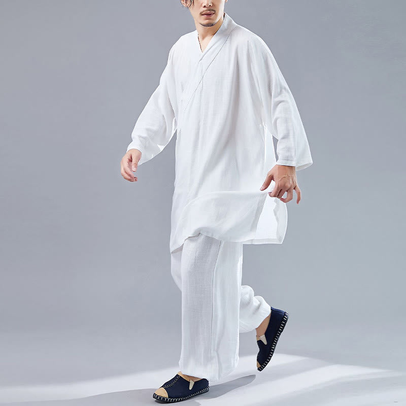 Buddha Stones 2Pcs V-Neck Men's Long Sleeve Shirt Top Pants Meditation Zen Tai Chi Cotton Linen Clothing Set - image 3
