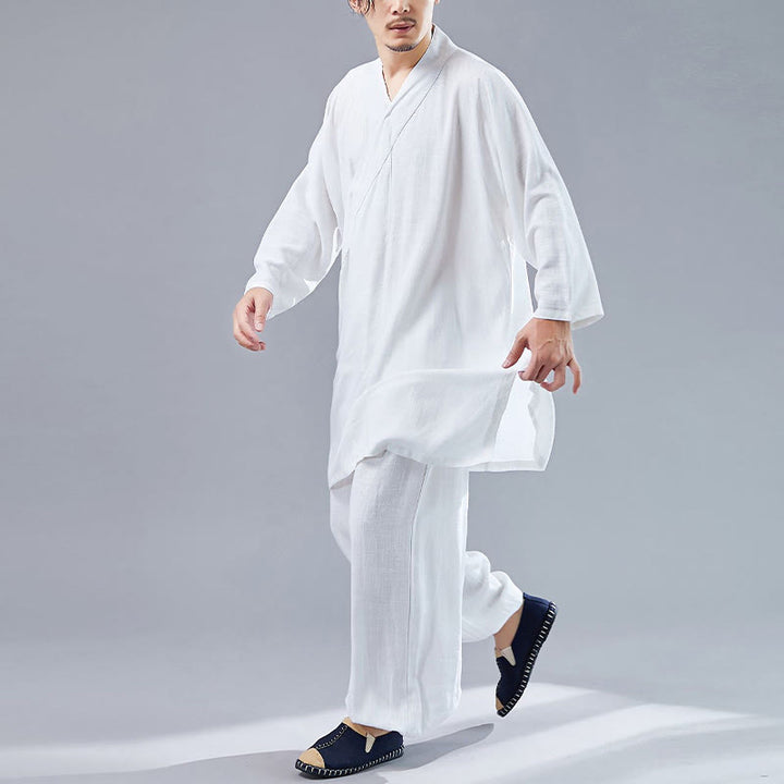 Buddha Stones 2Pcs V-Neck Men's Long Sleeve Shirt Top Pants Meditation Zen Tai Chi Cotton Linen Clothing Set - image 3