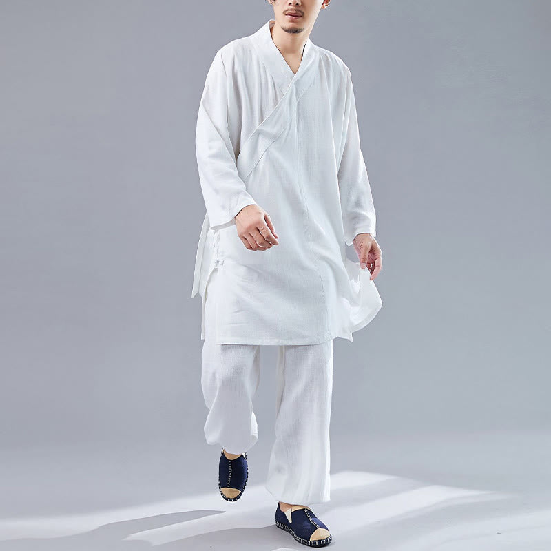 Buddha Stones 2Pcs V-Neck Men's Long Sleeve Shirt Top Pants Meditation Zen Tai Chi Cotton Linen Clothing Set - image 5