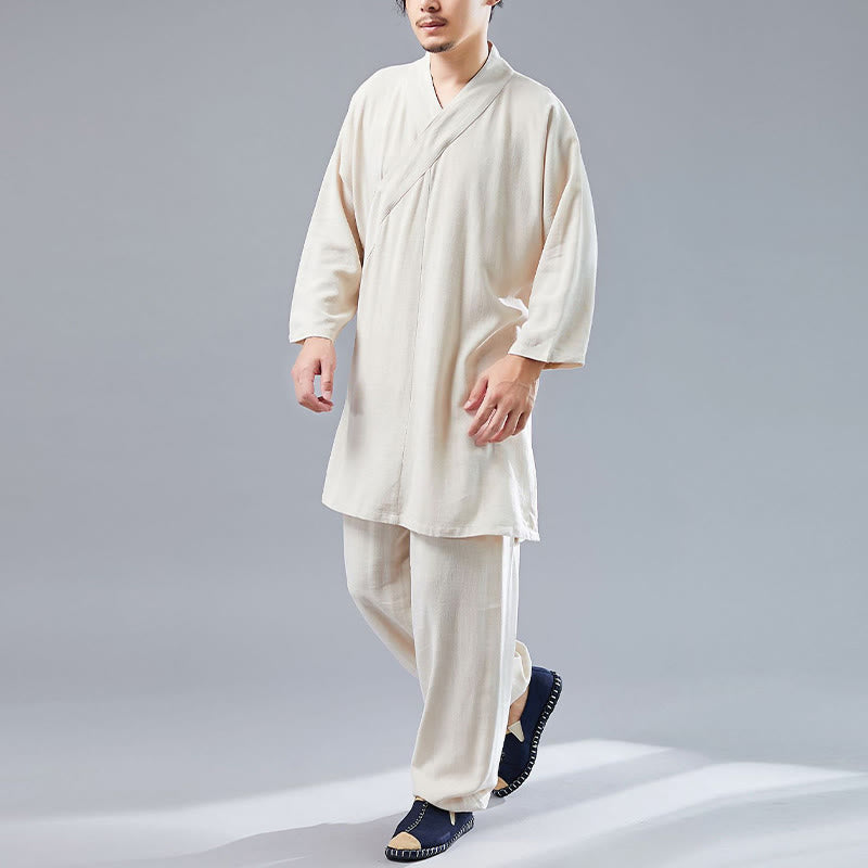 Buddha Stones 2Pcs V-Neck Men's Long Sleeve Shirt Top Pants Meditation Zen Tai Chi Cotton Linen Clothing Set - image 11