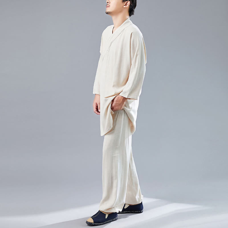 Buddha Stones 2Pcs V-Neck Men's Long Sleeve Shirt Top Pants Meditation Zen Tai Chi Cotton Linen Clothing Set