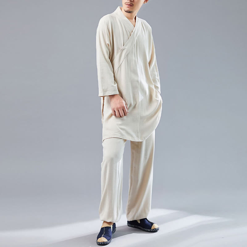 Buddha Stones 2Pcs V-Neck Men's Long Sleeve Shirt Top Pants Meditation Zen Tai Chi Cotton Linen Clothing Set - image 15