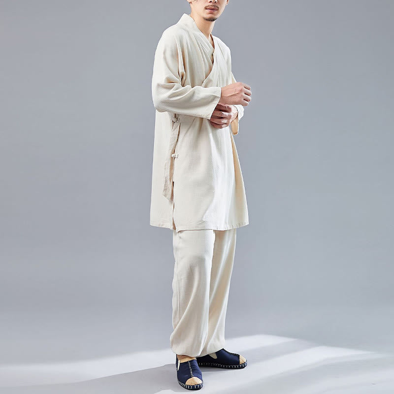 Buddha Stones 2Pcs V-Neck Men's Long Sleeve Shirt Top Pants Meditation Zen Tai Chi Cotton Linen Clothing Set