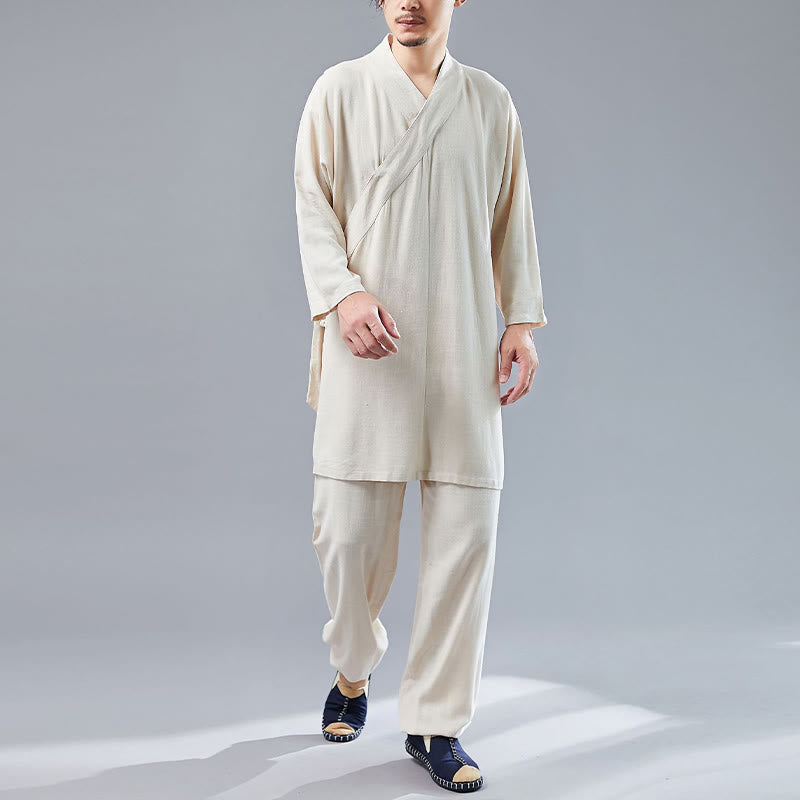 Buddha Stones 2Pcs V-Neck Men's Long Sleeve Shirt Top Pants Meditation Zen Tai Chi Cotton Linen Clothing Set - Linen - US/UK/AU42，EU52 (XL)  - image 8