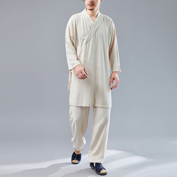 Buddha Stones 2Pcs V-Neck Men's Long Sleeve Shirt Top Pants Meditation Zen Tai Chi Cotton Linen Clothing Set - Linen - US/UK/AU42，EU52 (XL)  - image 8