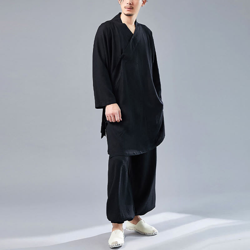 Buddha Stones 2Pcs V-Neck Men's Long Sleeve Shirt Top Pants Meditation Zen Tai Chi Cotton Linen Clothing Set - image 29