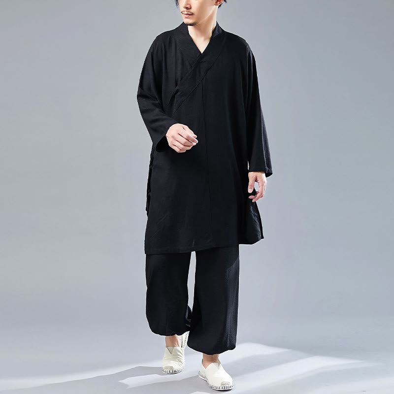 Buddha Stones 2Pcs V-Neck Men's Long Sleeve Shirt Top Pants Meditation Zen Tai Chi Cotton Linen Clothing Set - image 28