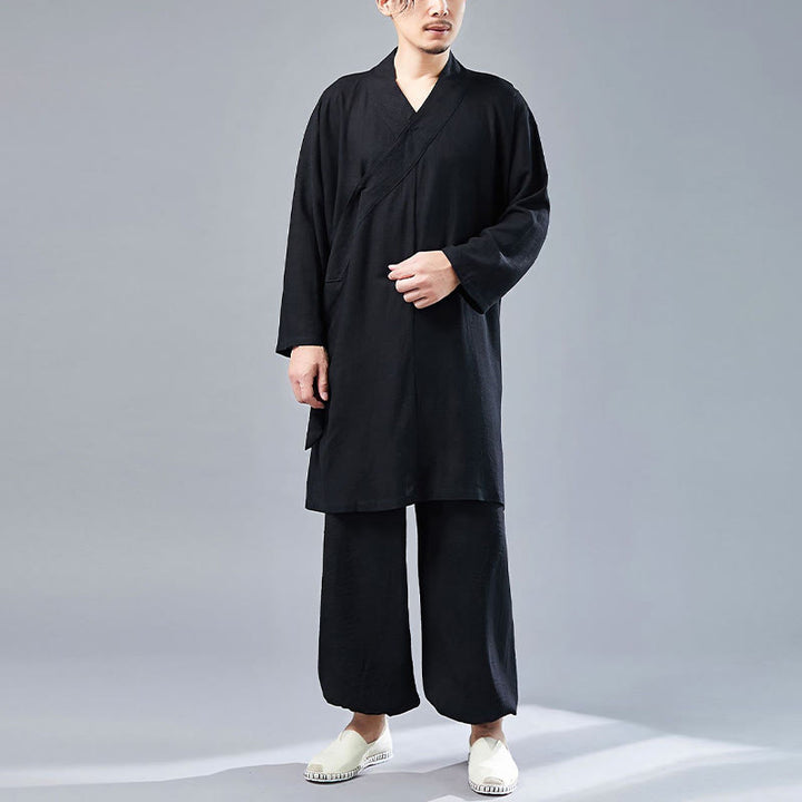 Buddha Stones 2Pcs V-Neck Men's Long Sleeve Shirt Top Pants Meditation Zen Tai Chi Cotton Linen Clothing Set - image 25
