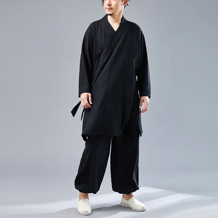 Buddha Stones 2Pcs V-Neck Men's Long Sleeve Shirt Top Pants Meditation Zen Tai Chi Cotton Linen Clothing Set - image 26