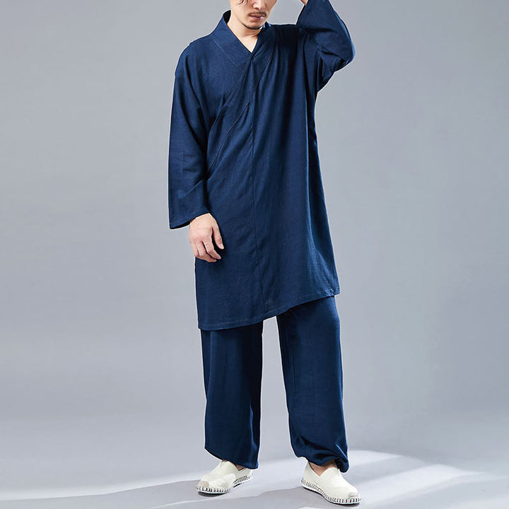 Buddha Stones 2Pcs V-Neck Men's Long Sleeve Shirt Top Pants Meditation Zen Tai Chi Cotton Linen Clothing Set - image 36