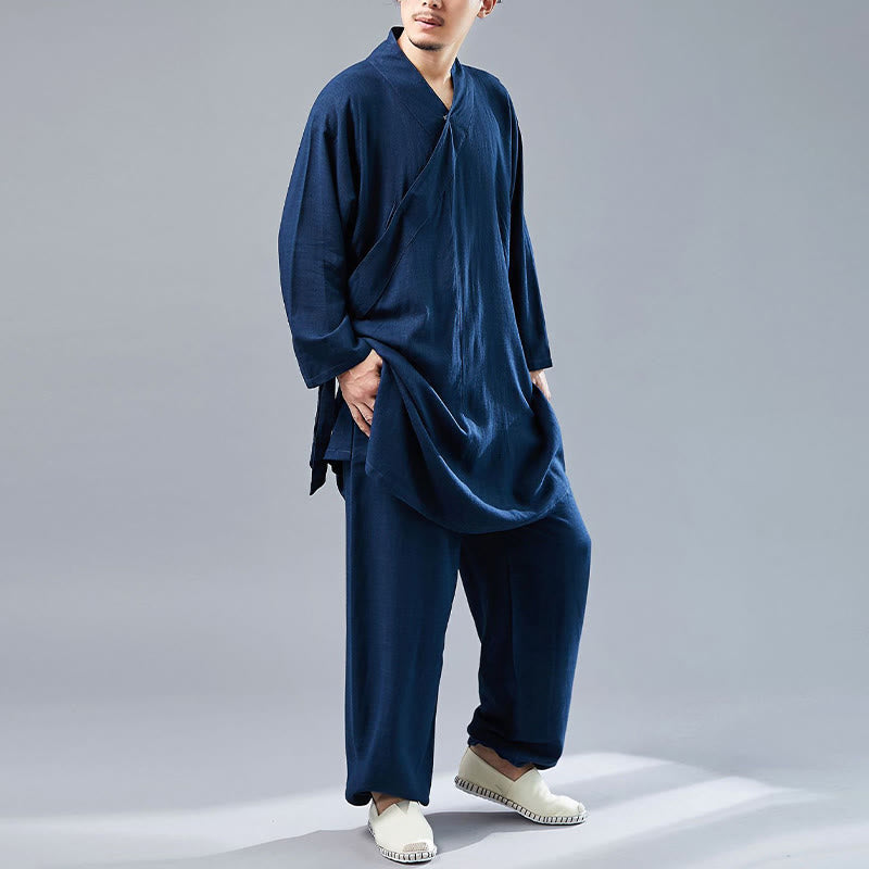 Buddha Stones 2Pcs V-Neck Men's Long Sleeve Shirt Top Pants Meditation Zen Tai Chi Cotton Linen Clothing Set - image 39