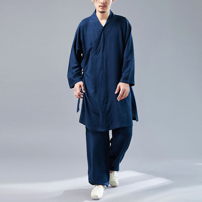 Buddha Stones 2Pcs V-Neck Men's Long Sleeve Shirt Top Pants Meditation Zen Tai Chi Cotton Linen Clothing Set - image 32