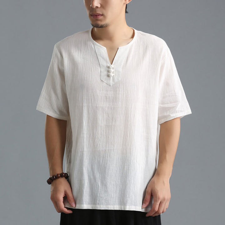 Buddha Stones Men's Solid Color V-Neck Button Short Sleeve Cotton Linen Shirt