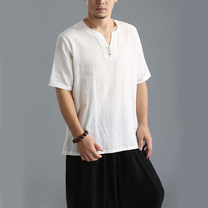 Buddha Stones Men's Solid Color V-Neck Button Short Sleeve Cotton Linen Shirt