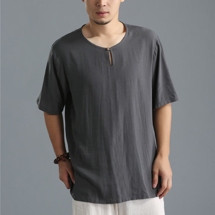 Buddha Stones Men's Solid Color Round Neck Short Sleeve Cotton Linen Shirt - image 2