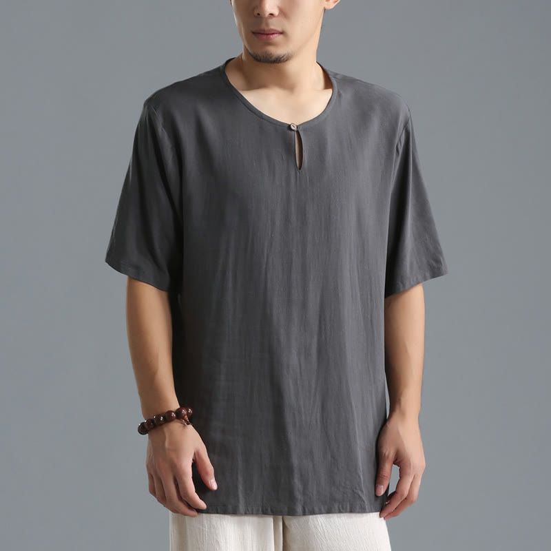 Buddha Stones Men's Solid Color Round Neck Short Sleeve Cotton Linen Shirt - image 1