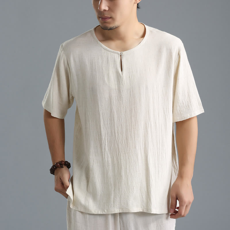 Buddha Stones Men's Solid Color Round Neck Short Sleeve Cotton Linen Shirt - Linen - US/UK/AU40，EU50 (XL) - image 11