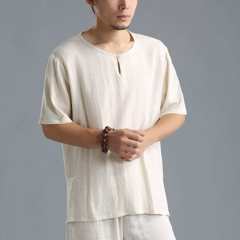 Buddha Stones Men's Solid Color Round Neck Short Sleeve Cotton Linen Shirt - image 12