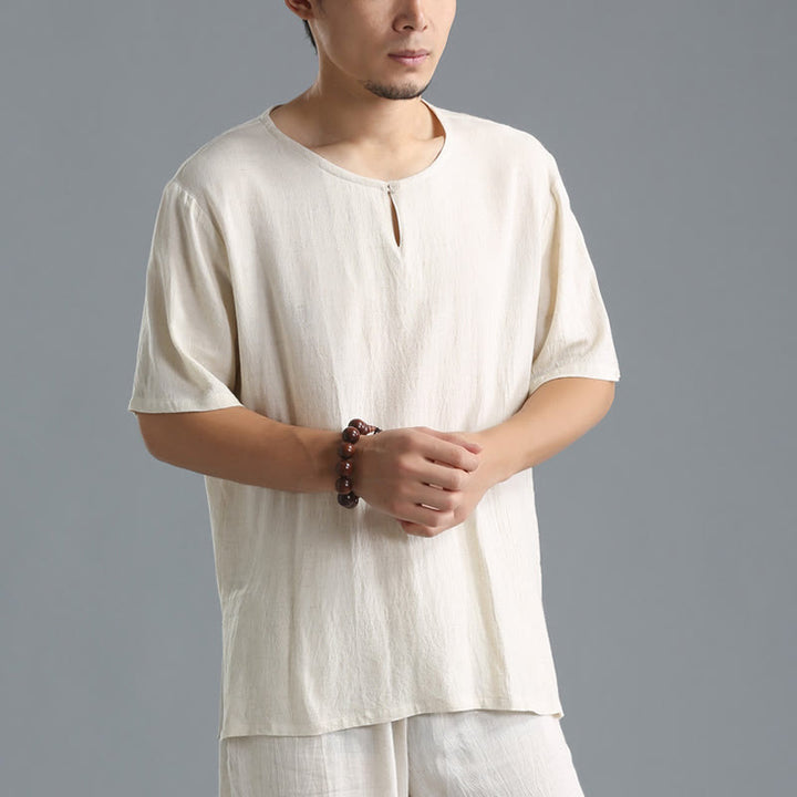 Buddha Stones Men's Solid Color Round Neck Short Sleeve Cotton Linen Shirt - image 12