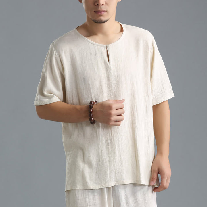 Buddha Stones Men's Solid Color Round Neck Short Sleeve Cotton Linen Shirt