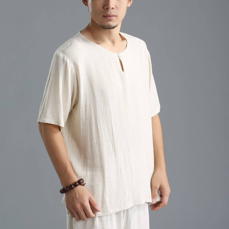 Buddha Stones Men's Solid Color Round Neck Short Sleeve Cotton Linen Shirt