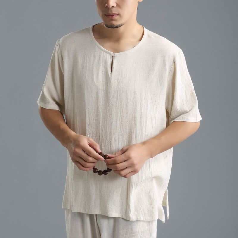 Buddha Stones Men's Solid Color Round Neck Short Sleeve Cotton Linen Shirt - image 16