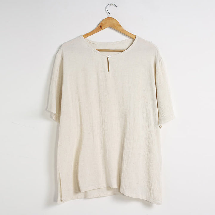 Buddha Stones Men's Solid Color Round Neck Short Sleeve Cotton Linen Shirt - image 23