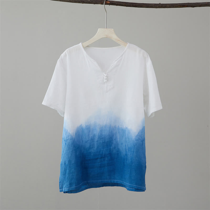 Buddha Stones White Blue Gradient Men's Short Sleeve Indigo Dyeing Cotton Linen Shirt